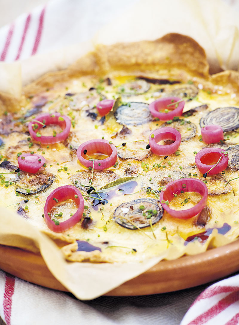 Purjolökstarte med parmesan, Karl Johansvamp och rosmarin